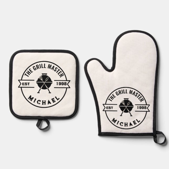 Modern The Grill Master Established Year Name Oven Mitt & Pot Holder Set (Front)