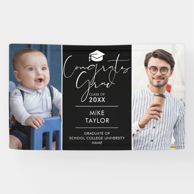 Modern Then And Now 2 Photo Graduation Party Banner (Horizontal)