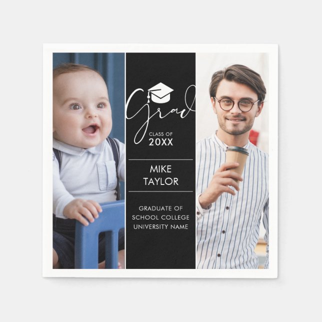 Modern Then And Now 2 Photo Graduation Party Napkin (Front)