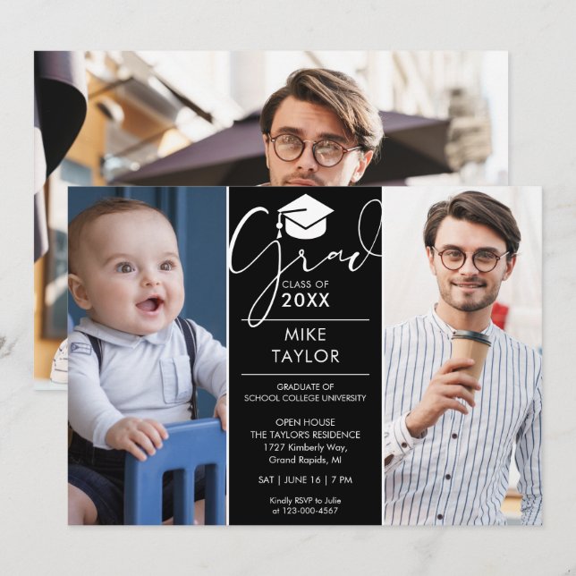 Modern Then And Now 3 Photo Graduation Party Invitation (Front/Back)