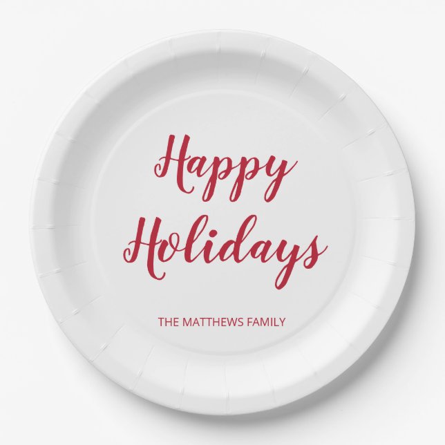 Modern Thick Red Script Happy Holidays Christmas Paper Plate (Front)
