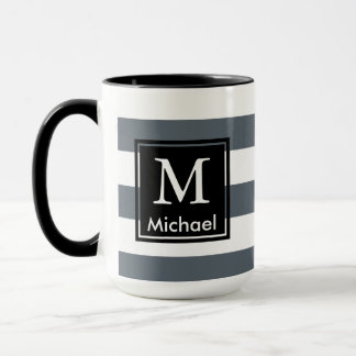 Modern Thick White Stripes Black Square Monogram Mug