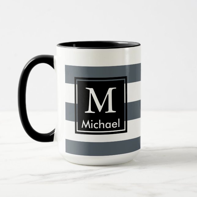 Modern Thick White Stripes Black Square Monogram Mug (Left)