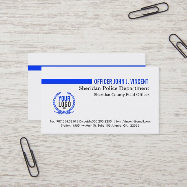 Modern Thin Blue Line Police White with Logo Business Card (Front/Back In Situ)