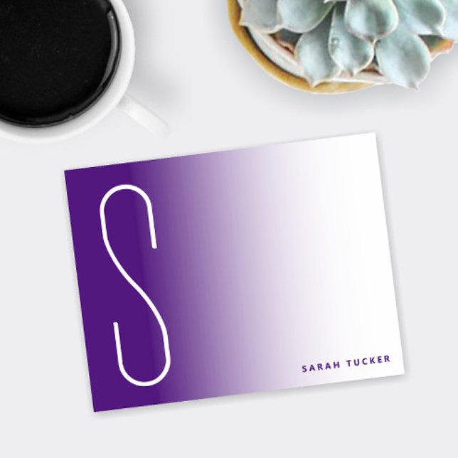 Modern Thin Monogram Purple Fade Professional Card (Thin monogram purple ombre flat note card)