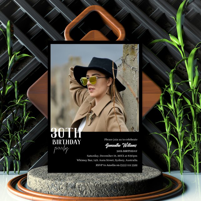 Modern Thirty Black Photo 30th birthday invitation (Creator Uploaded)