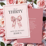 Modern Thirty Elegant Pink Bow Happy 30th Birthday Card<br><div class="desc">Modern Thirty Elegant Pink Bow Happy 30th Birthday Card is perfect for celebrating her milestone in style. Featuring minimalist and feminine pink toile de jouy ribbon bow design and modern typography, this birthday card adds a touch of chic and sophistication to a "Talk 30 to Me" theme. This design adds...</div>