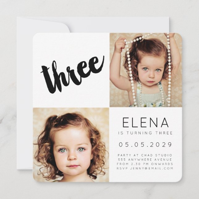Modern THREE 3rd Birthday Boy Girl Photo Card (Front)