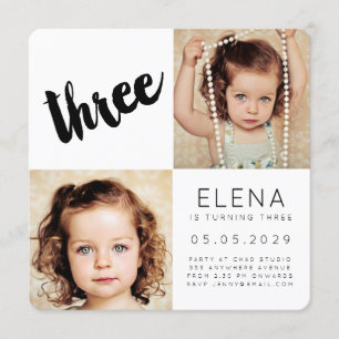 Modern THREE 3rd Birthday Boy Girl Photo Card