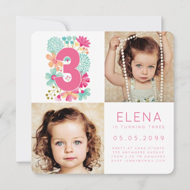 Modern THREE 3rd Birthday Girls Photo Card (Front)