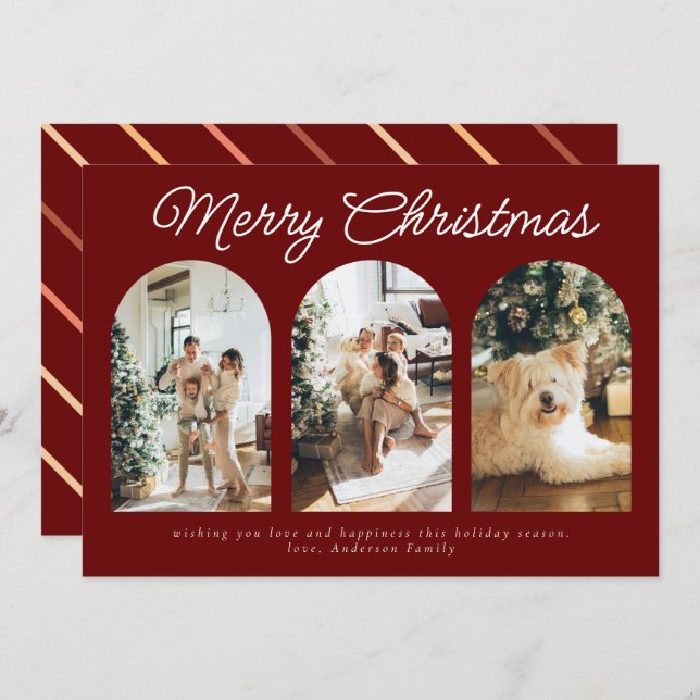Modern Three Arch Curve Photo Christmas Script Red Holiday Card (Front/Back)