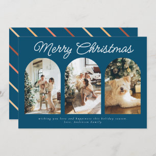 Modern Three Arch Curve Photo Christmas Teal Blue Holiday Card