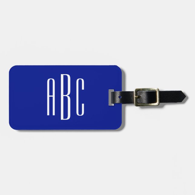 Modern Three Letter Monogram Royal Blue Luggage Tag (Front Horizontal)