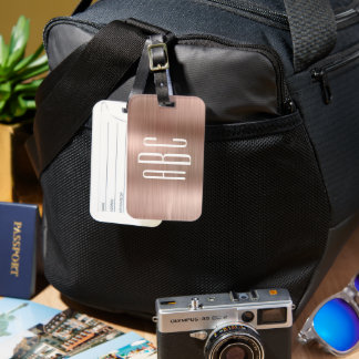 Modern Three Letter Monogrammed Rose Gold Foil Luggage Tag