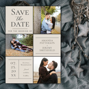 Modern Three Photo Collage Beige Save the Date
