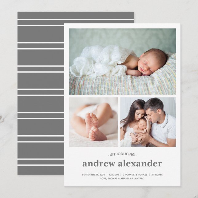 Modern Three Photo Collage Birth Announcement (Front/Back)