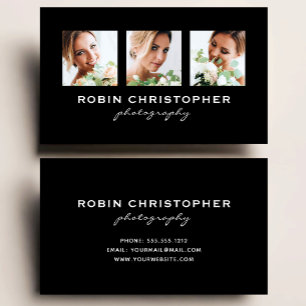 Modern Three Photo Collage Black Photographer Business Card