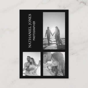 Modern Three Photo Collage Black Photographer Business Card