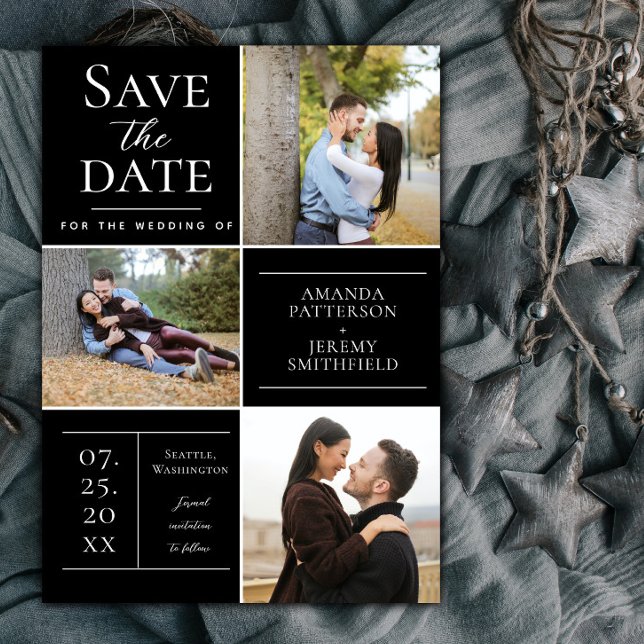 Modern Three Photo Collage | Black Save the Date (Black Modern Three Photo Collage Save the Date)