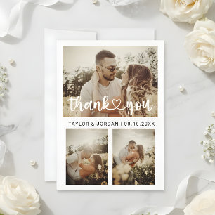 Modern Three Photo Collage Heart Script Wedding  Thank You Card