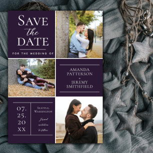 Modern Three Photo Collage Purple Save The Date