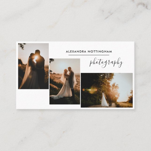 Modern Three Photo Collage Wedding Photography Business Card (Front)