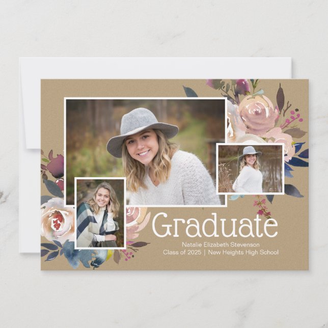 Modern Three Photo Floral Graduation Party Invitation (Front)