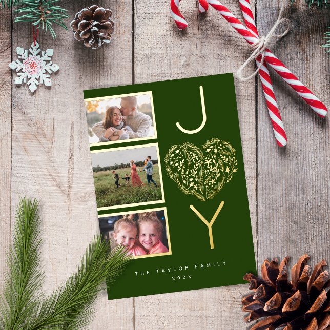 Modern Three Photo Gree Joy Joyful Christmas Heart Foil Holiday Card (Creator Uploaded)
