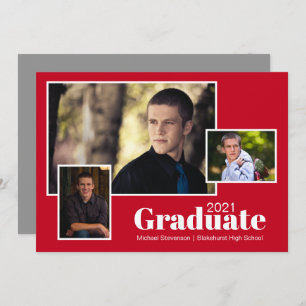 Modern Three Photo Grey and Red Graduation Party Invitation