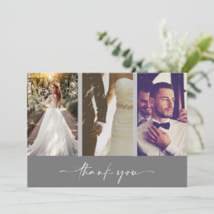 Modern Three Photo Grey Wedding Thank You Card