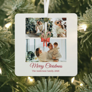 Modern Three-Photo Holiday Family Collage Metal Tree Decoration