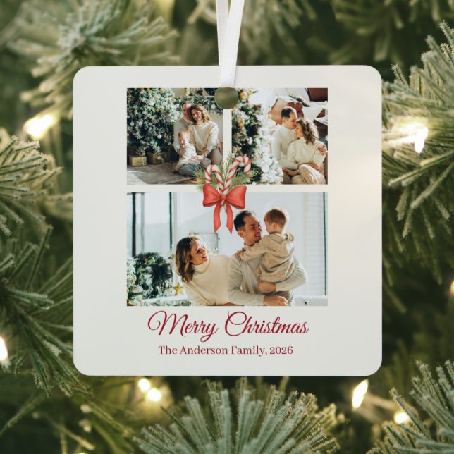Modern Three-Photo Holiday Family Collage Metal Tree Decoration (Insitu)
