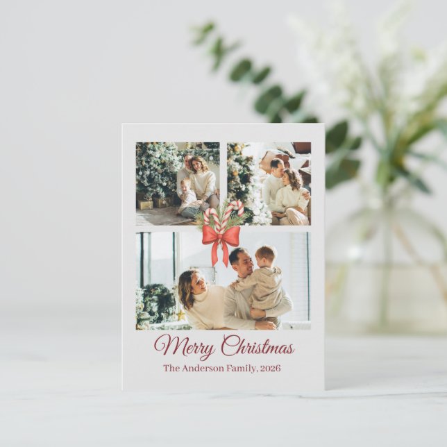 Modern Three-Photo Holiday Family Collage Postcard (Standing Front)