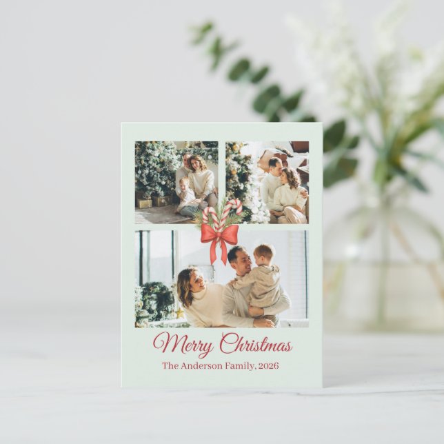Modern Three-Photo Holiday Family Collage Postcard (Standing Front)