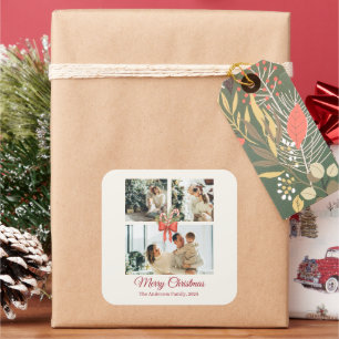 Modern Three-Photo Holiday Family Collage Square Sticker