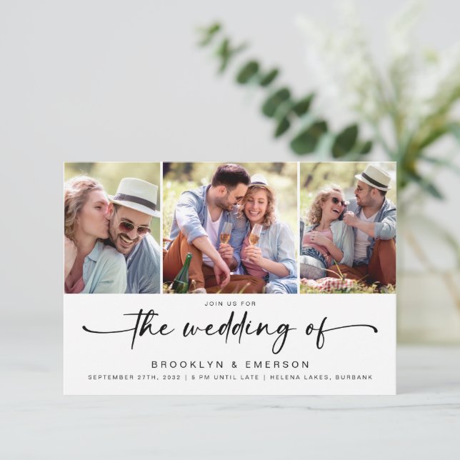 Modern Three Photo QR Code RSVP Wedding Invitation (Standing Front)