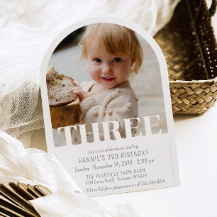 Modern THREE Photo Simple Arch 3rd Birthday Party Invitation
