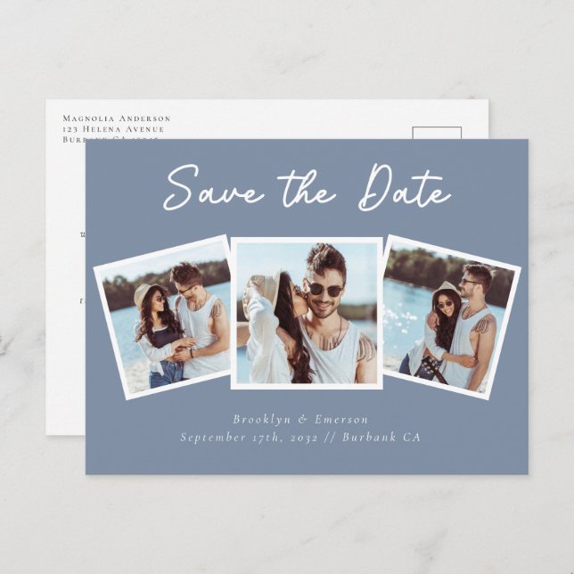 Modern Three Photo Wedding Save The Date Postcard (Front/Back)