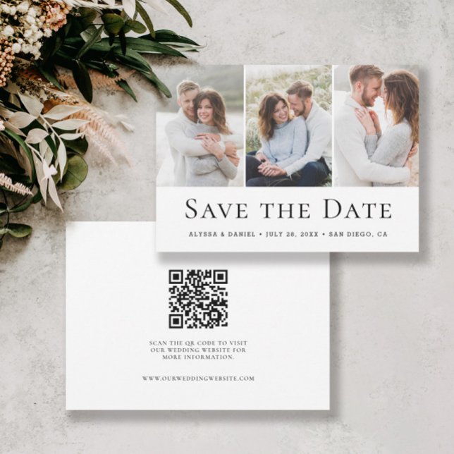 Modern Three Photo Wedding website QR Code  Save The Date (Custom 3 photo simple, minimalist, modern save the date QR code wedding website card.)