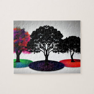 Modern Three Trees with Different Coloured Leaves Jigsaw Puzzle