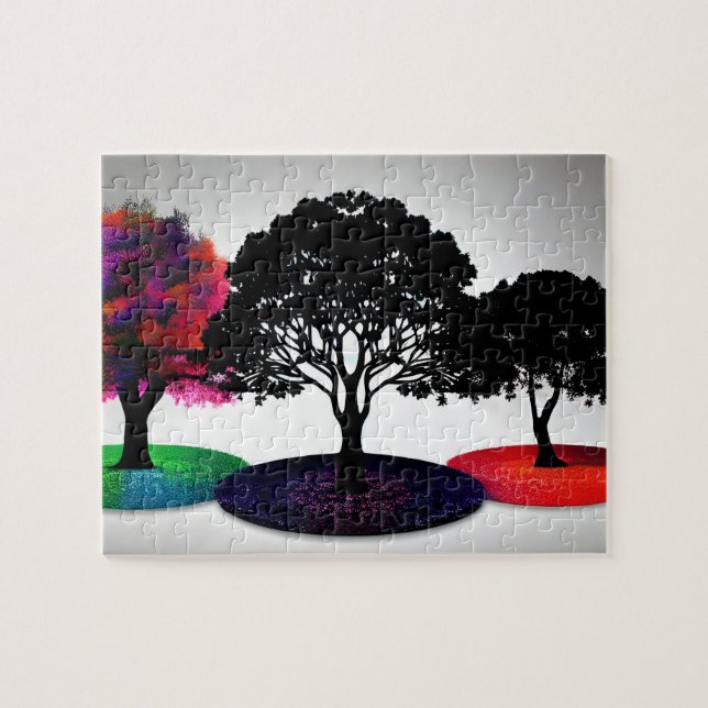 Modern Three Trees with Different Coloured Leaves Jigsaw Puzzle (Horizontal)