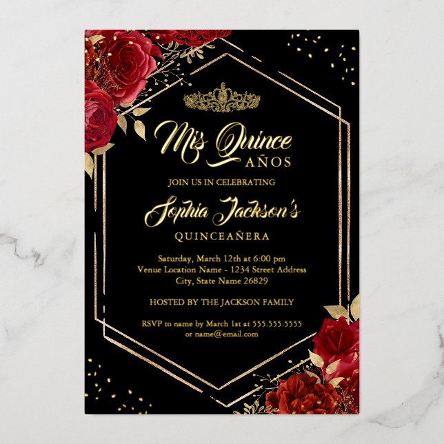 Modern Tiara Floral Red Gold Quinceanera (Front)