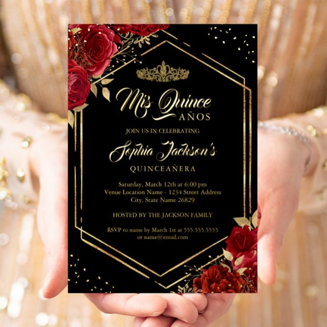 Modern Tiara Floral Red Gold Quinceanera Foil Invi (Creator Uploaded)
