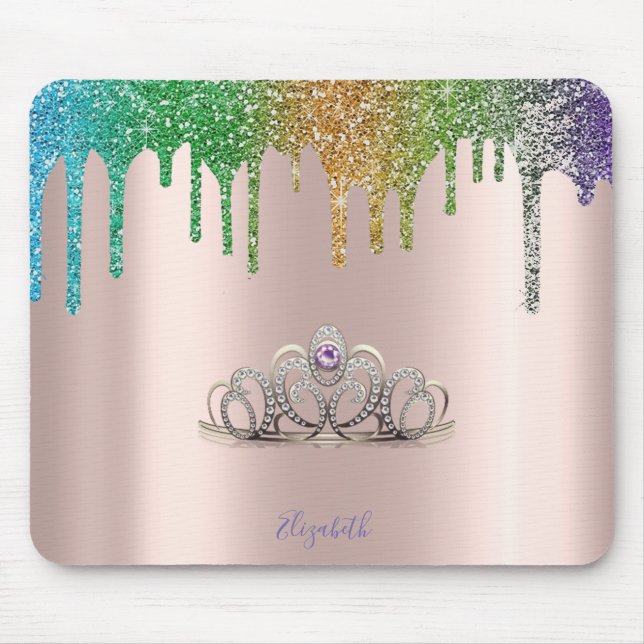 Modern Tiara Glitter Drips Rose Gold Mouse Mat (Front)