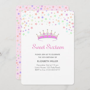 Modern Tiara & Multicolored Stars Sweet Sixteen Invitation