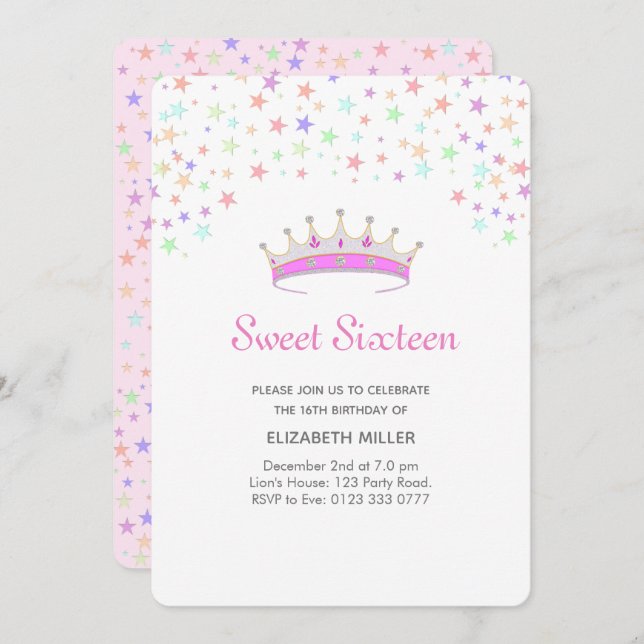 Modern Tiara & Multicolored Stars Sweet Sixteen Invitation (Front/Back)