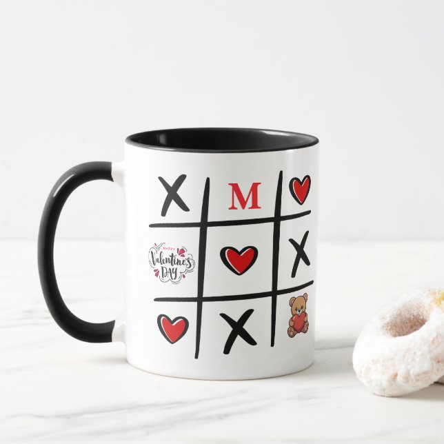 Modern Tic Tac Toe Valentines Day Initial Mug (With Donut)