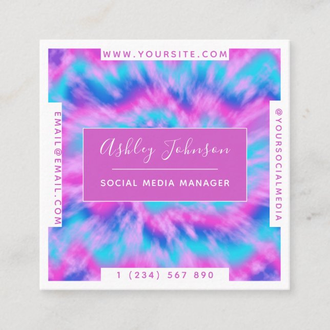 Modern Tie Dye Pink Blue & Purple Trendy Colourful Square Business Card (Front)