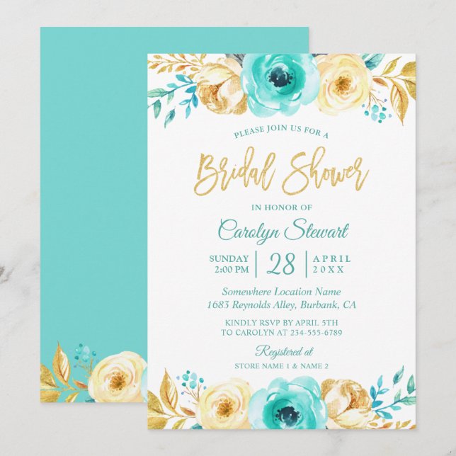 Modern Tiffany Gold Botanical Floral Bridal Shower Invitation (Front/Back)