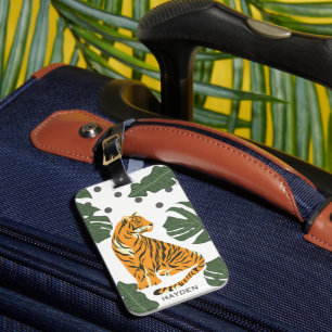 Modern Tiger and Jungle Leaves Art Personalised Luggage Tag